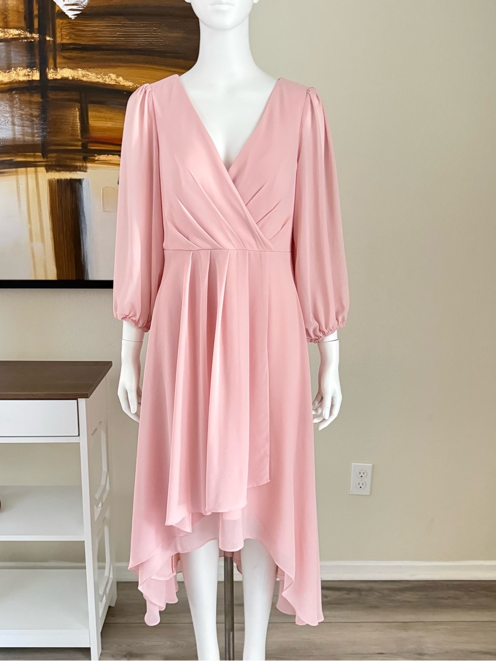 Elegant Blush Pink High-Low V-Neck Dress
